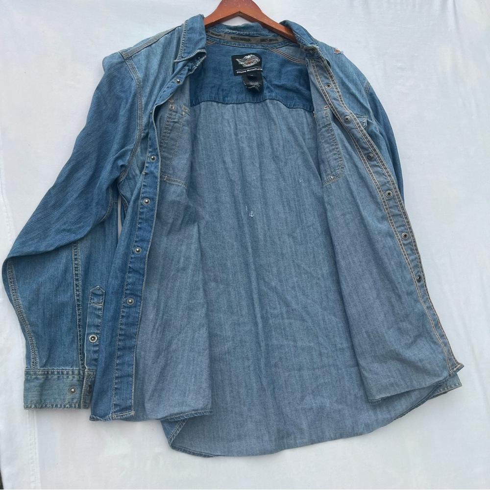Harley‎ Davidson Denim Snap Shirt XL Embroidered Logo Biker Western Distressed - Picture 12 of 12